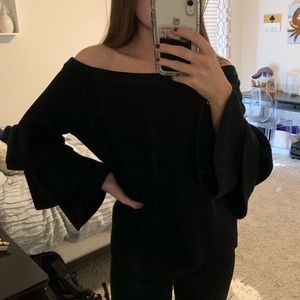Black tiered sleeve off the shoulder sweater